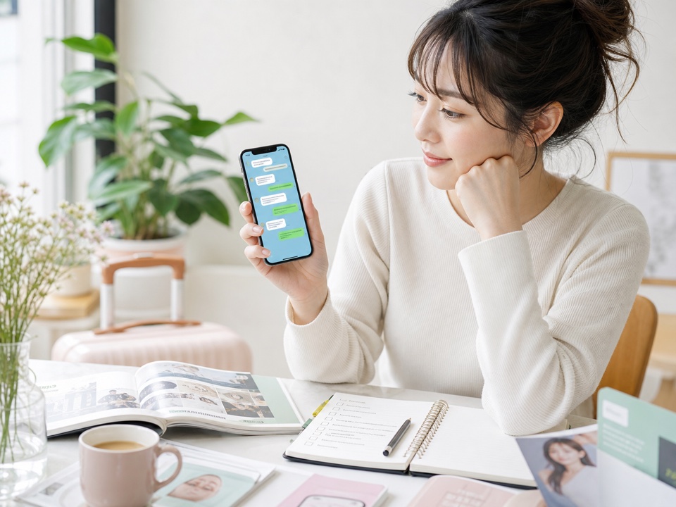 スマホで予約前の確認内容を見る日本人女性